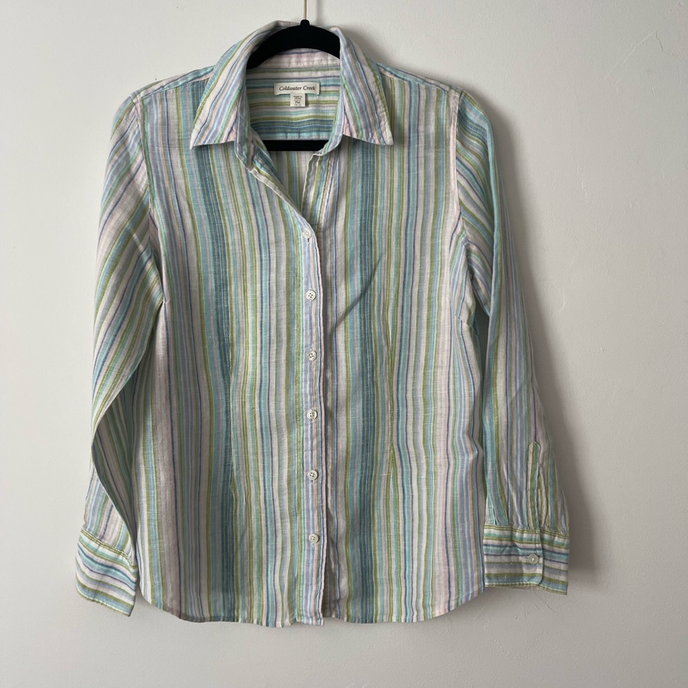 Coldwater Creek Women’s linen stripe blouse. Size Petite Medium.